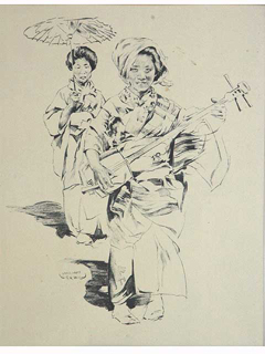 Two Japanese Women, Umbrella, and Musical Instrument by William Herwig