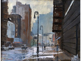 New York- Rainy Street Scene by Peter  Hayward (1905-1993)