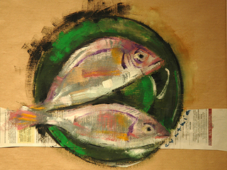 Fish, Purple on Green Plate by Cynthia  Cooke 