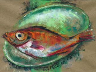 Fish, Red on Green Dish by Cynthia  Cooke 
