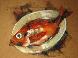 Fish, Red on White Dish by Cynthia  Cooke 