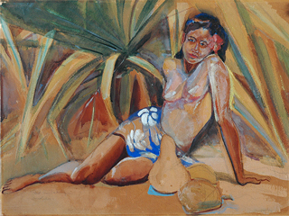 Hawaiian Girl with Hala Tree and Ipu by 