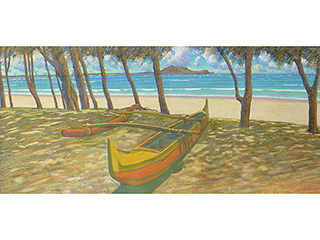Yellow and Red Canoe at Kailua  by Russell Lowrey